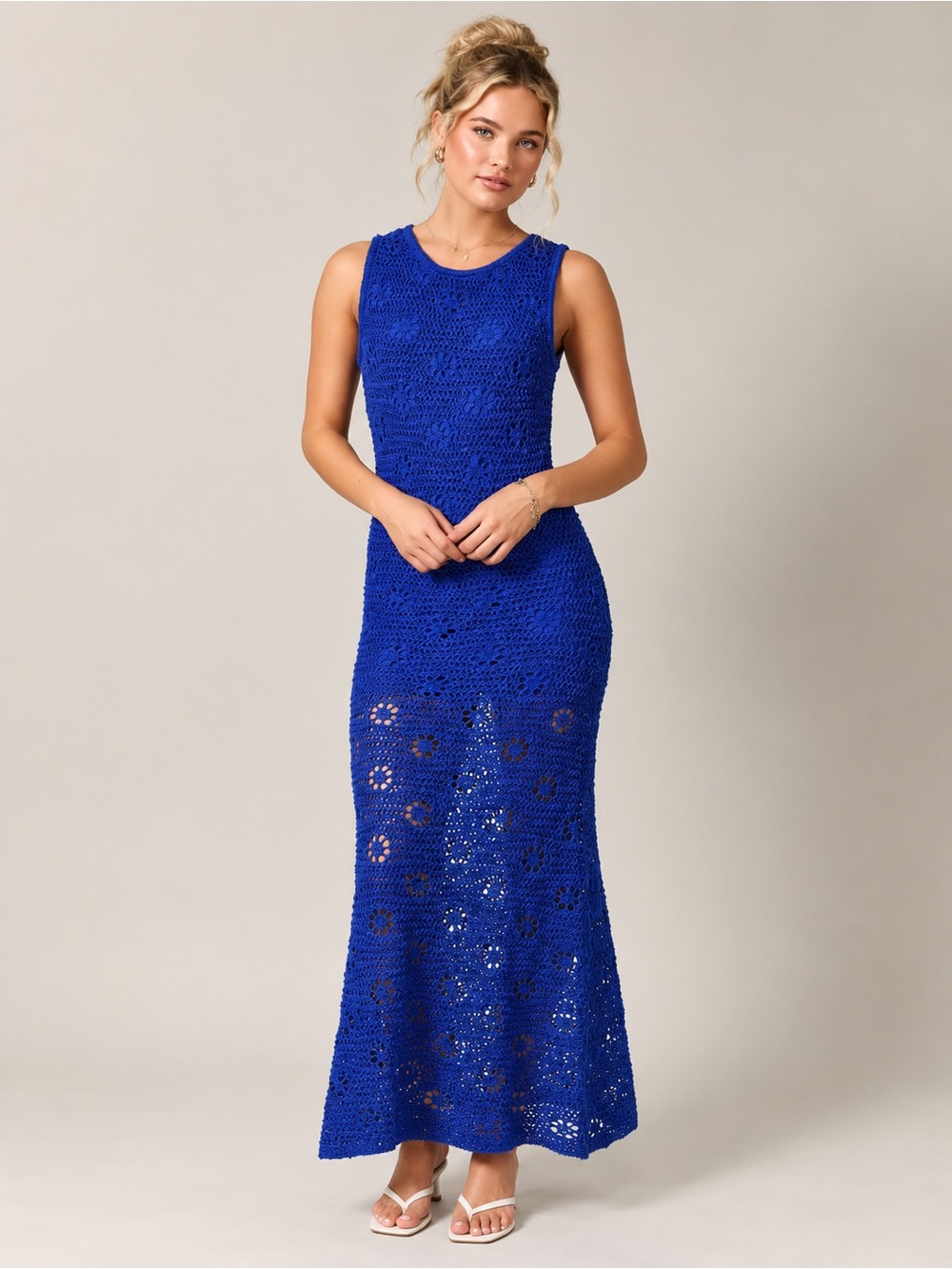 Le Lis Cobalt Blue Crochet Maxi Dress Sleeveless Openwork Size NWT